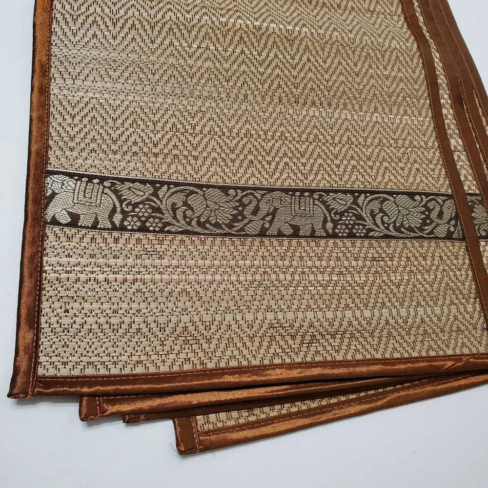 Silk Trim Reed Placemat Coaster Set, Set of 12, Bronze Elephant Boho Table Mats